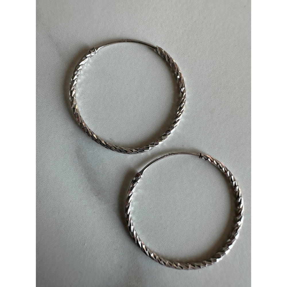 Sterling Silver 925 Diamond Cut Textured Hoop Earrings 1.25 Inch Round
